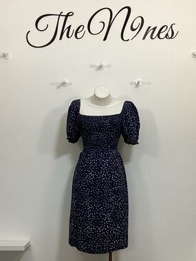 ROXY Blue & White Polka Dot Smocked Balloon Sleeve Midi Dress EUC XL